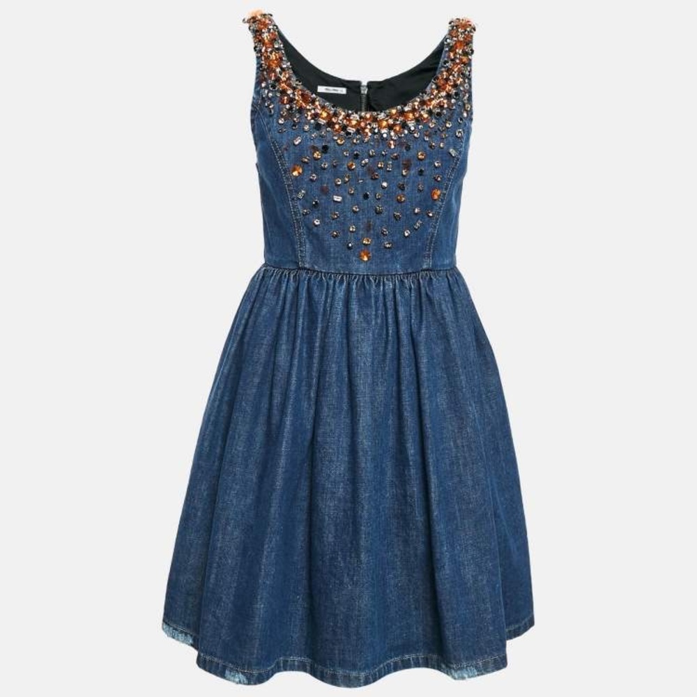 Miu Miu Crystal Embellished Denim Sleeveless Mini Dress